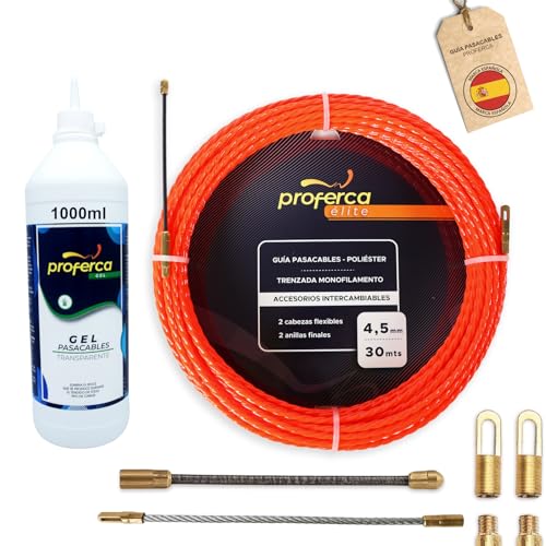 PROFERCA Guia Pasacables Profesional de 4.5mm y 30 Metros de Poliéster Trenzado con Terminales Intercambiables | Pack Ahorro | Accesorios de Repuesto | Guía Electricista