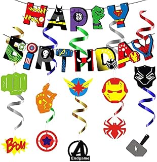 LucaSng Superhero Birthday Banners for Boys, Justice League Birthday Decorations, Superhero Birthday Party Banner with Long Ribbon Marvel Avengers Hanging Swirls for Kids Red
