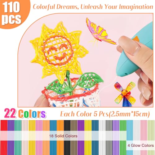 Image of 22 Colors 3D Pen Printer Filament Refill for Start 3D Pen,2.5mm Thick Low Print Temperature PCL Filament Only Fit for 3Doodler Pens,Each Length 6 Inch, Each Color 5pcs, Total 110pcs