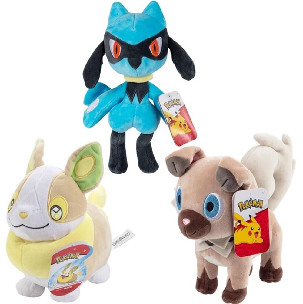 Pokémon Plüschfiguren, 20,3 cm, Hunde-Typ, 3er-Pack, Rockruff, Riolu, Fidough, offizielles Lizenzprodukt, hochwertige weiche Stofftier-Spielzeugfiguren, Geschenk für Kinder, Jungen, Mädchen und Fans,