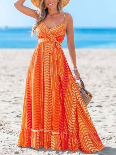 Image of CUPSHE Women's Summer Boho Maxi Dresses Sleeveless V Neck Beach Vacation Long Sun Dress Belted Flowy Tropical Resort Wear
