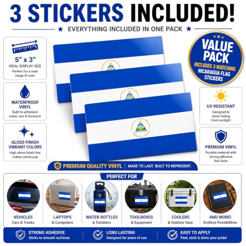 Image of Nicaragua Vinyl Flag Stickers, Car Decals, Waterproof Indoor Outdoor, Laptop Stickers, Car Bumper, Nicaraguan Flag, 5 x 3 Inches, Set of 3