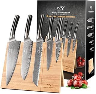 Kitchen Knife Sets with Block, NANFANG BROTHERS 6-Piece Damascus Steel VG10 Kitchen Knife Set with Wood Magnetic Knife Holder Block Professional Chef's Knife with Sharp Blades and ABS Ergonomic Handle