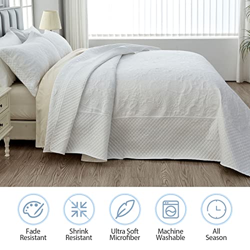 Image of Qucover White Oversized King Bedspread, Soft Microfiber Lightweight California King Quilt, 3-Piece Ultrasonic Quilting Paisley Pattern Oversized King Quilt Sets with Shams, 128 x 120 Inches