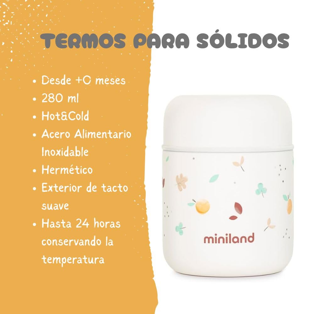 Miniland Food Thermy Mini Valencia 280ml. Thermos per alimenti per bambini da 280 ml, con doppio strato di acciaio che mantiene la temperatura del cibo per ore.