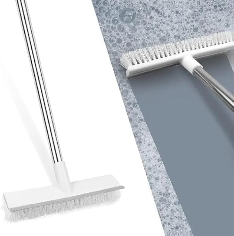 2-in-1 Bathroom Cleaning Brush with Wiper and Long Handle - 120° Rotating Floor Scrub Brush for Tiles, Kitchen, and Home Cleaning Accessories, Black, Stainless Steel.,