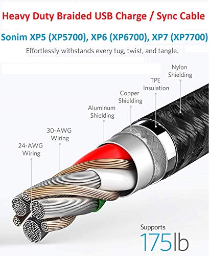 Carregador Sonim XP5/XP6/XP7, cabo USB trançado/sincronizado resistente com contatos magnéticos para