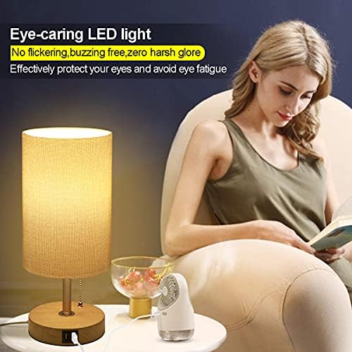 USB Bedside Table Lamp ZEDYOE Dimmable Nightstand Light 3 Levels Brightness Minimalist Linen Fabric Wood Grain Round Bedroom Desk Lamps Retro Simple Night Light