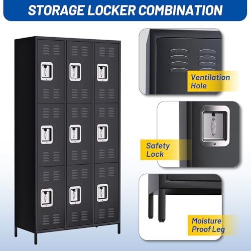 GarveeHome 9 Doors Metal Office Storage Cabinet, Metal Lockers for Employees with 27 Hooks and 9 Shelves, 72 Inch Tall Steel Storage Cabinet Locker for Home, Office, Gym, School, Black