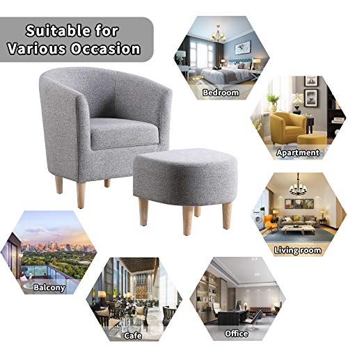 Dazone Accent Chair With Ottoman, Modern Comfy Armchair Upholstered Barrel Club Chair And Footrest Set, Fabric Tub Arm Chairs For Living Room Bedroom Small Spaces Apartment Office, Set Of 2, Gray #TOP4
