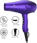 Lightweight Powerful Hair Dryer 1875W Fast Drying Ceramic Blow Dryer Pro Salon Negetive Ion Hair Blow Dryer Strong Air Flow 2 Speed and 3 Heat Settings DC Motor with Concentrator & Diffuser & Comb, Matte Purple