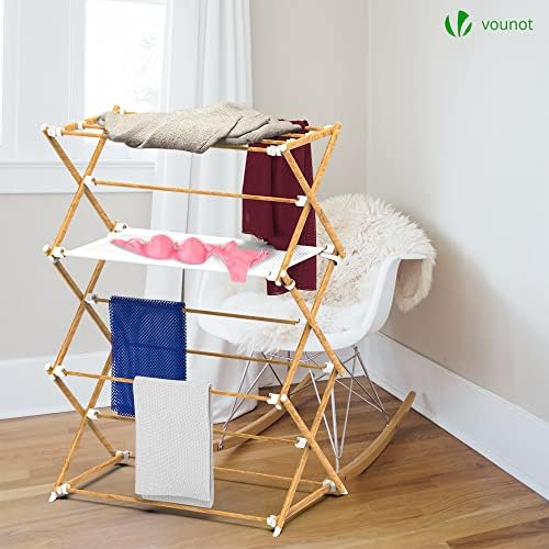 VOUNOT Folding Clothes Airer Extendable Tower Clothes Airer Space Saving Clothes Dryer with 3 Levels Metal Wood Look, 75 x 63 x 169 cm