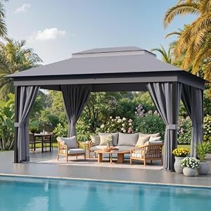 Devoko Outdoor 10’x 13′ Gazebo,Large Soft Top Deck Gazebo with Mosquito Netting, Heavy Duty Metal Frame Canopy with Expansion Bolts and Double Roofs，Party Tent & Shelte for Backyard, Garden (Grey)