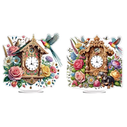 ARTopet 2Pcs Vintage Table Clocks DIY Diamond Desktop Clock Ornaments Creative Design PET Diamond Art Painting Tabletop Ornaments Single Sided Diamond Home Decoration-03