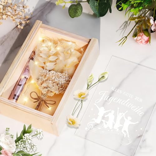 Jugendweihe Geschenke, Geldgeschenk Jugendweihe für Mädchen und Jungen, Alles Gute zur Jugendweihe Deko, inklusive Getrocknete Blumen, Holzbox, Kunststoff Reagenzglas, Lichterketten
