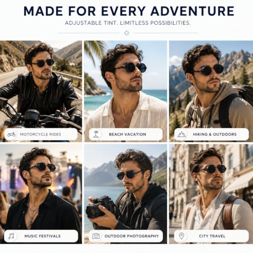 Image of Adjustable Tint Polarized Round Sunglass with Stepless Adjustable Sunglasses for Men,1-9 Gears Beach Sunglasses - Eyewear with Adjustable Lens.