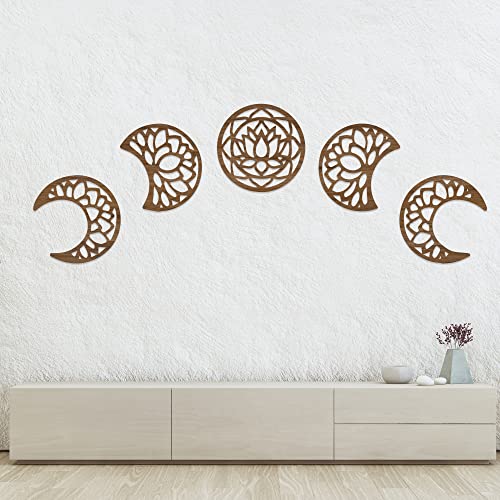 Digu Lotus Moon Phase Wall Hanging, Floral Above Bed Decor, Lunation Moon Wooden Wall Art, Bohemian Moon, Set Of 5 Mandala Moon #TOP4