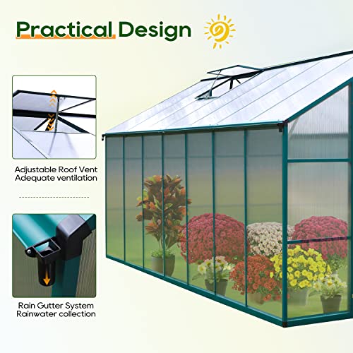 ONLYCTR Aluminum Greenhouse for Outdoors 8'x16' , Polycarbonate Green Greenhouse with Adjustable Roof Vent and Rain Gutter, Outdoor Hobby Greenhouses for Backyard Plants Flowers Vegetables (8’ x 16‘)