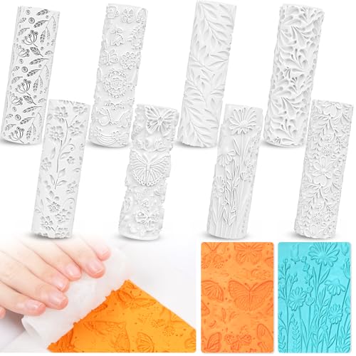 8 Pcs Non-Stick Polymer Clay Texture Rollers (Floral & Botanical)