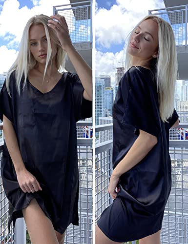 Eshion Silk Satin Sleepshirt Women V Neck Night Dress Boyfriend Nightgown Plus Size Sleepwear(Black,Xxl) #TOP5