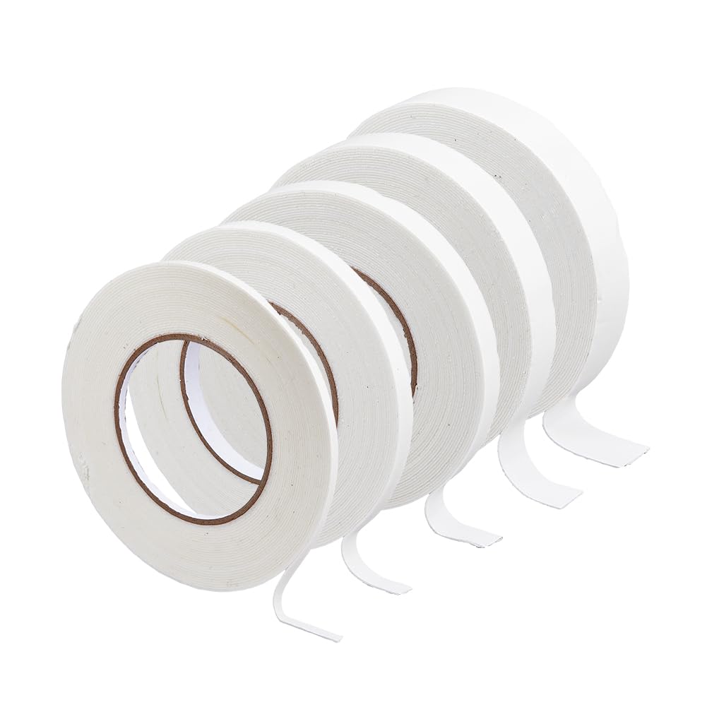SUPERFINDINGS 5 Rolls 5 Sizes Double Sided Foam Tapes Sponge Mounting Adhesive Tape EVA Dual-Adhesive Foam Tape White Roll Sticky Foam Tape for Card Photo Albums 10m/Roll