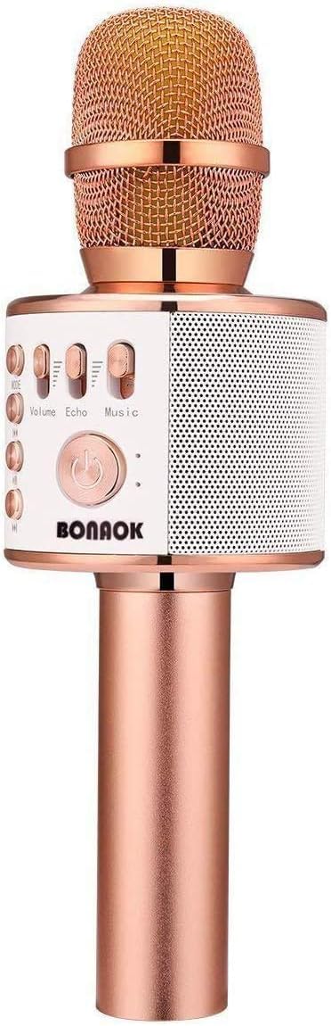 BONAOK Microfono Karaoke Wireless Bluetooth 3-in-1 Palmare Portatile Altoparlante Regalo Compleanno iPhone Android iPad PC Oro rosa