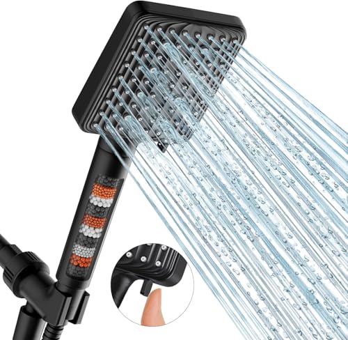 Regadera de mano filtrada MakeFit con alta presión, 6 modos y acabado mate negro | Filtro de perlas minerales para agua dura, reduce cloro, manguera de acero inoxidable miniatura 1