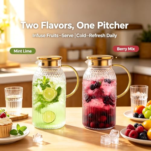 Image of Amzcku Glass Pitcher with Lid 68oz 2L Vintage Water Carafe Beverage 1Pack