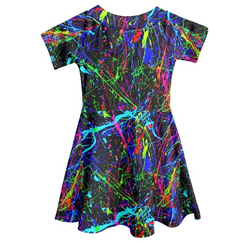 Girls Tie-Dye Dress Neon Rainbow Paint Dresses Galaxy Sundress Short Sleeve Casual Play 4-14Y2