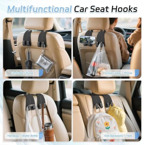 Image of Car Hooks for Headrest, 2Pcs Seat Back Storage Hook Luxurious Leather Multifunctional Car Hanger & Holder for Heatrest, Seat, Bag, Purse Black (Pack of 2)