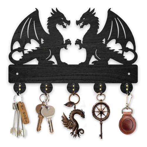 MAYJOYDIY Dragon Coat Rack Wall Mount Wood Double Dragon Animal Key Holder for Wall 11.8×7.9inch Decorative Wall Hooks 5 Alloy Hooks Black Wall Hanger for Gifts Entryway Hallway Room Decor