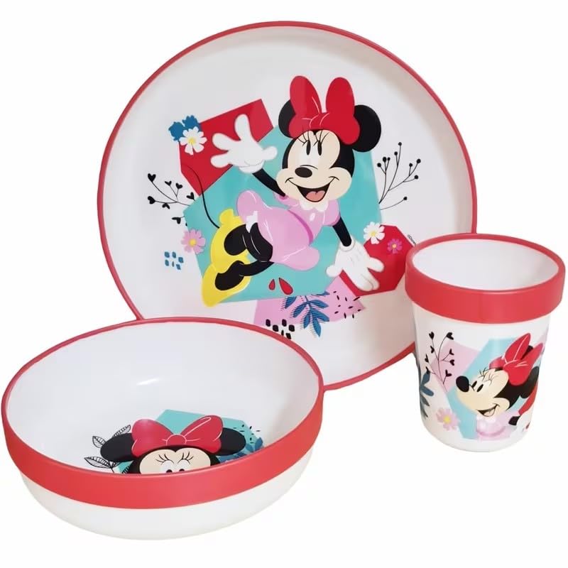 Set di stoviglie riutilizzabile per bambini bicolore – Set composto da 3 pezzi: Piatto, ciotola e bicchiere per bambini e bebé con base antiscivolo – Senza BPA - MINNIE MOUSE TOPOLINA