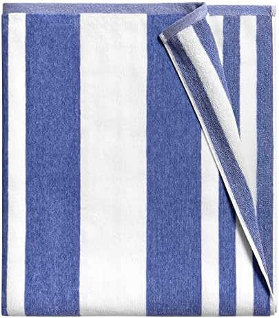 TEQQO Plush Oversized Beach Towel - Bamboo Cotton 35 x 70 Inch Extra Large Pool Towel, Blue Striped Quick Dry Big Swimming Cabana Towel for Adults Women Men