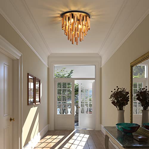 Chandelier rétro en bois de chêne et plafonnier rustique 7-Light