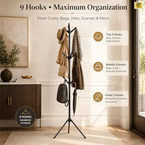 Image of LEOPAX 9 Hook Coat Hanger Stand for Clothes, Bags, Hats & Umbrellas | Freestanding Tree Coat Rack | Modern Standing Garment Organizer for Living Room, Bedroom, Office - Black