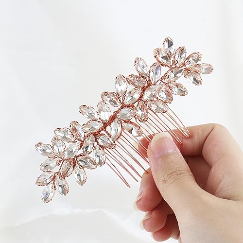 Brihasory Luxurious Wedding Hair Comb Full Rhinestones Bride Hair Accessories for Party Prom Bridal Side Hair Combs for Women Bride Girls Hair Decoration(Rose Gold)