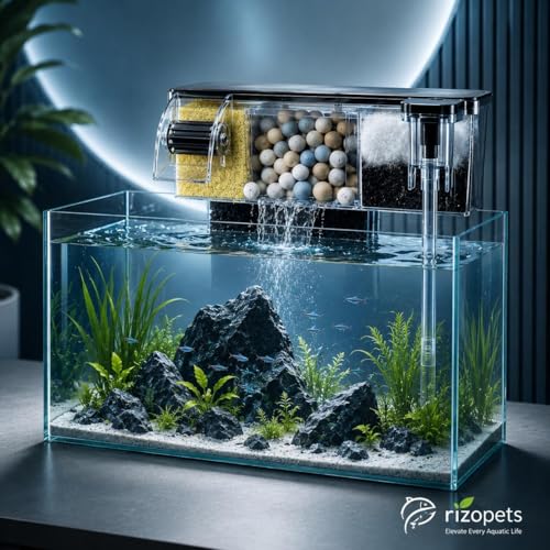 Image of rizopets Multi Section bio top Filter watt 6-3-Chamber Aquarium Filter System with Mechanical, Chemical and Biological Filtration, Hanging Filter for Fish Tank watt 6 (BL-772)