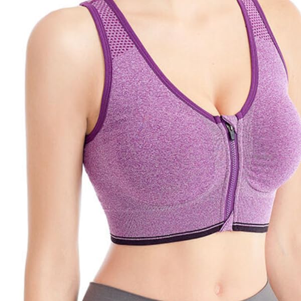 Women Front Zipper Padded Non Wired Sports Bra (Purple, Free)-image-8