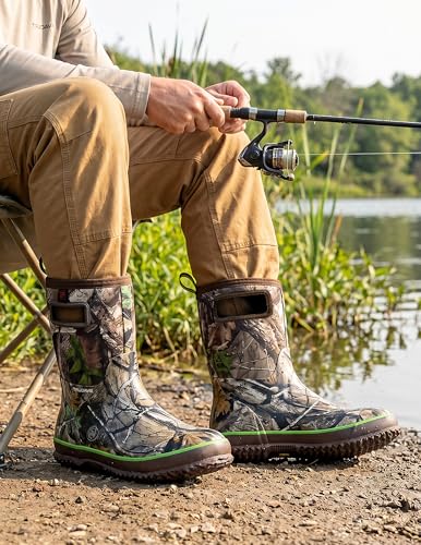 Image of Trudave Rubber Rain Boots for Men, Neoprene Waterproof Rain Boots, Mid Calf All-Season Mud Boots, Insulated Warm Outdoor Work Shoes for Hunting, Gardening, Farming, Yard Working