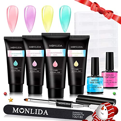 Ongles Gel Kit Complet, Kit Gel Ongles 4 Couleurs Complet avec Base Coat, Top Coat, Clous Extension Gel Set, Fácile Utilisation Cover