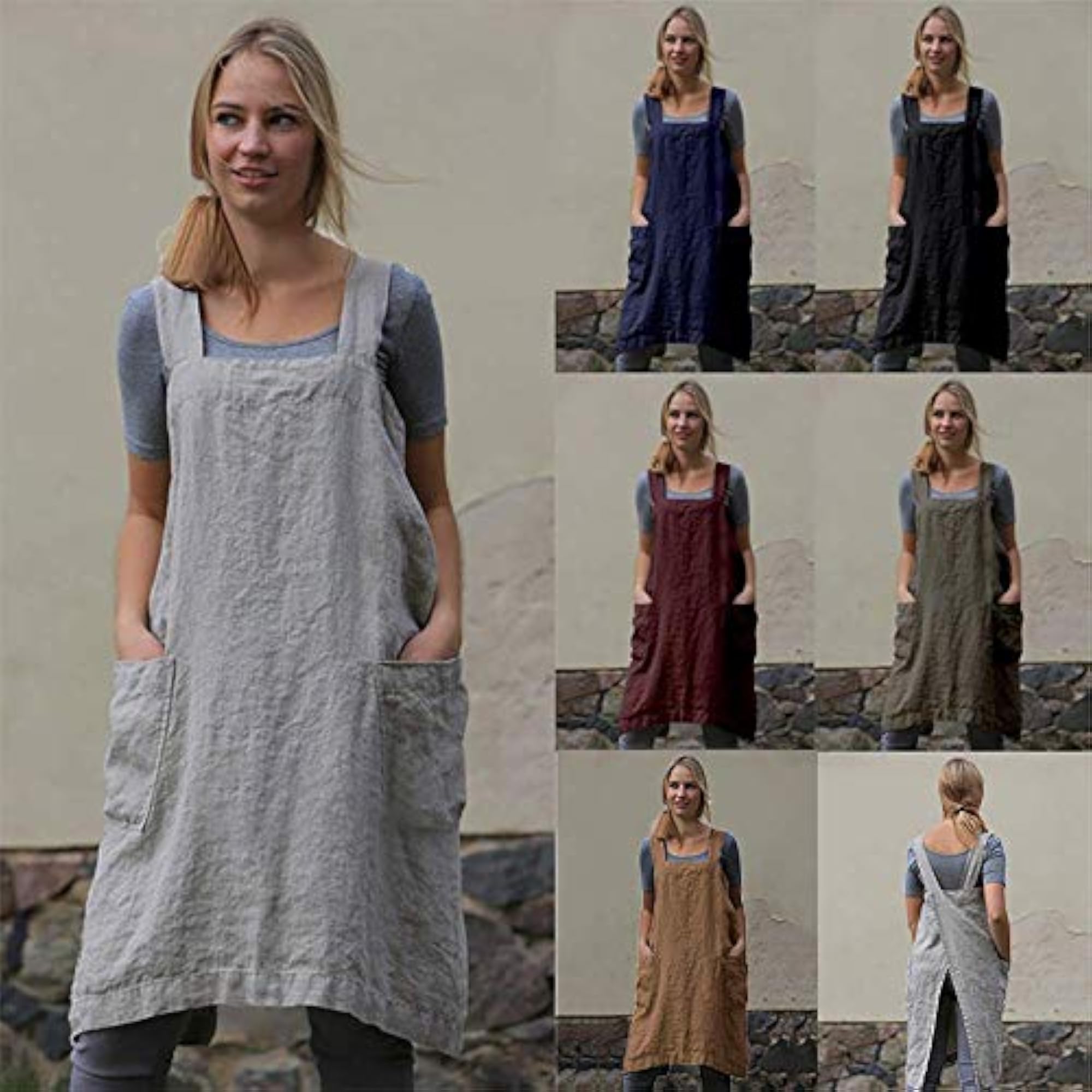 Women's Pinafore Square Apron, Cotton/Linen Blend with Pockets