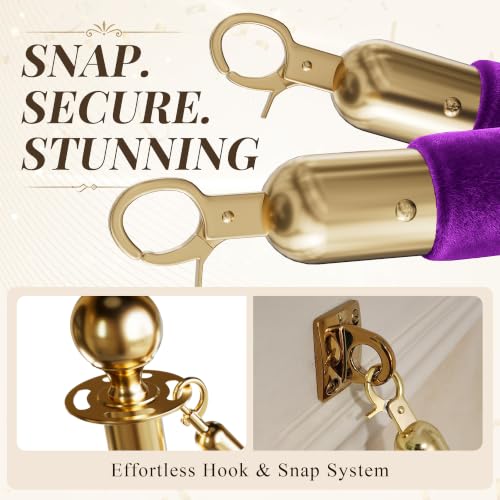 Image of 2PCS Violet Velvet Stanchion Ropes 5 Ft Crowd Control Ropes Barrier with Gold Hooks for Party Supplies,Photobooth Accessories, Prom,Birthday,Business,Wedding, Museums(Purple)