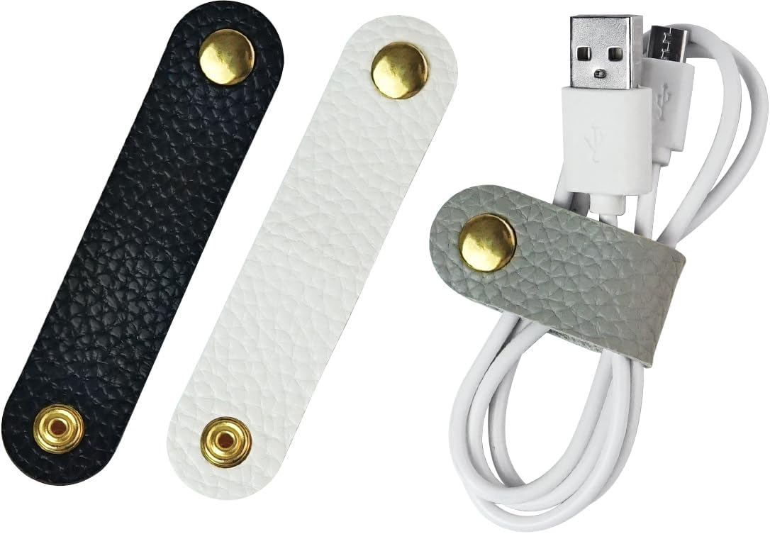 Carrotez Leather Cord Organizer, Cable Organizer for Travel, Cord Keeper, Cable Ties, Cable Straps, Cord Wraps for Charging Cords - 3 pcs (Black/White/Grey)