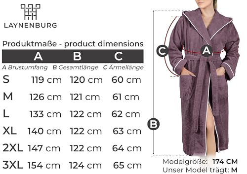 LAYNENBURG Bademantel Damen Frottee - Kapuze - Lang - 100% Baumwolle (360g/m2) - OEKO TEX Standard 100 - Größe (XL, Taupe-rose)
