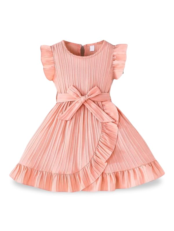 Image of Niren Enterprise Girls' Frill Pleated Design, Ruffle Sleeves, Bow Waist, Elegant Summer & Birthday Party Dress