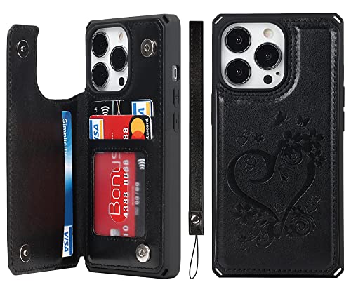 Étui en cuir iPhone 13 Pro gaufré cœur noir de style raffiné et durable