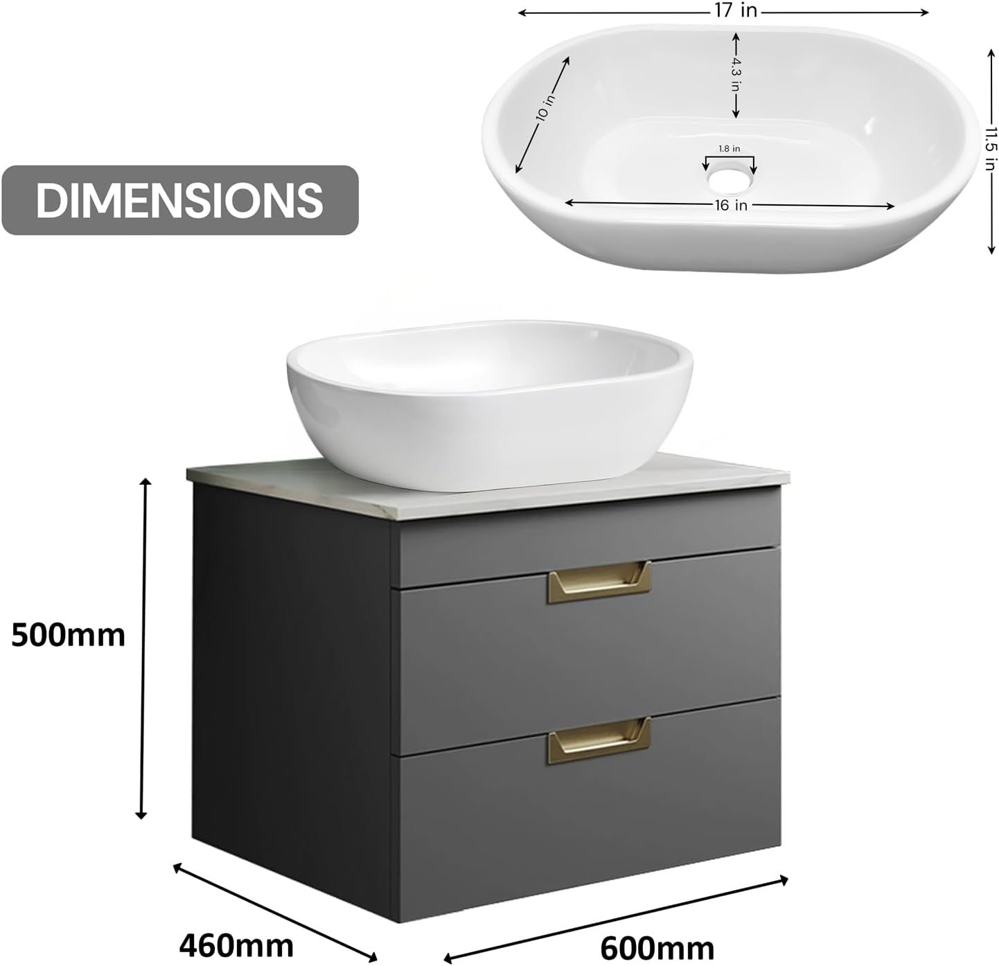 BELOFAY 600mm Wall Mounted Vanity Unit with Basin | Two Soft-Close Drawers | Modern Floating Design with Countertop Basin & White Wooden Worktop, Waste Included (Tap & Trap Not Included)