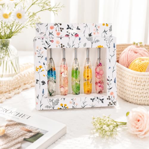Image of Katech 5 PCS Crochet Hook Set with Case (4.0mm, 5.0mm, 5.5mm, 6.0mm, 6.5mm) | Hand-Polished Stainless Steel Crochet Hooks with Dried Floral Grip, Ergonomic Crochet Hook for Arthritic Hands & Beginners