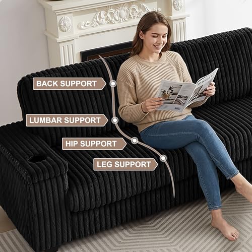 Image of L Shaped Couches for Living Room, Oversized Modular Sectional Sofa with Armrest Storage, USB Ports and Cup Holders, 5 Seats Corduroy Couch for Living Room, Bedroom and Apartment, Matte Black