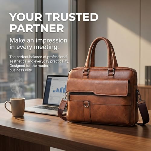 Image of Men's Leather Laptop Bag 15 IN, Water-Resistant Briefcase Messenger Bag for Work, Business, Shoulder Crossbody Office Satchel